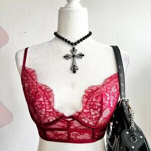 Red Sheer Lace Bralette, Y2K, Lingerie, Coquette, Romantic, Soft‎ Grunge, Small